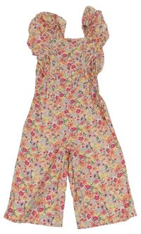 Svetloružový kvetovaný nohavicový culottes overal s volánikmi F&F