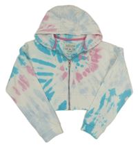 Bílo-azurovo-růžovo-světlemodrá batikovaná propínací crop mikina s logem a kapucí Jack Wills