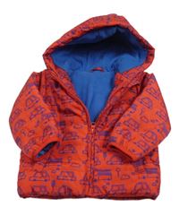 Červená prošívaná šusťáková zimní bunda s auty a kapucí St. Bernard