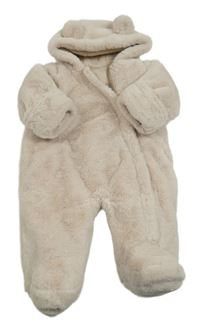 Svetlobéžová kožušinová zateplená kombinéza s kapucňou s uškami Matalan