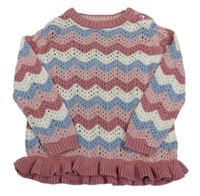 Starorůžovo-bielo-modr-svetloružový ažurový sveter s volánikom John Lewis