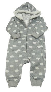 Šedá melírovaná tepláková teplá kombinéza s bílými obláčky a kapucí 