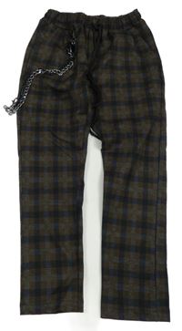 Tmavohnědo/tmavomodré kockované melírované úpletové nohavice F&A