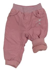 Starorůžové šusťákové podšité kalhoty se srdíčky se stříbrnými srdíčky a volánky Ergee