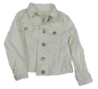 Smetanová riflová crop bunda s krajkou s květy a límečkem Sfera