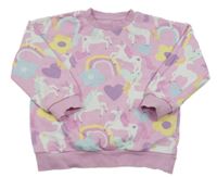 Ružová oversize mikina s jednorožcami a duhami a kvetmi a srdiečkami F&F