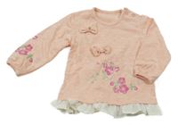 Broskvové melírované triko s kytičkami a nápisy a mašlemi a volánkem  