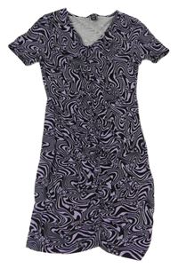 Fialovo-černé vzorované elastické šaty s motýlky a nařasením New Look