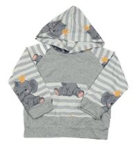 Sivo-biela melírovaná pruhovaná mikina so sloníky a vreckom a kapucňou