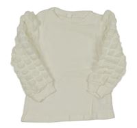 Bílé žebrované mikinotriko s balonovými kockovanymi mačkanými rukávy