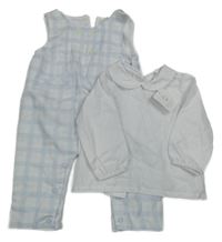 Nové - 2Set - Světlemodro-bílé kostkované laclové podšité kalhoty + bílá košile deolinda