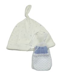 2set- Krémová čapica s hvězdičkami + Bílé novorozenecké puntíkované rukavice George