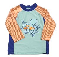 Světlemodro-modro-oranžové UV triko s chobotnicí a pruhy na rukávech