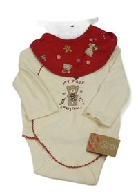 Nové - 2set - Krémové zavinovací body s medvědem + červený slinták Primark
