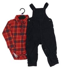 2set - Tmavomodré manšestrové laclové kalhoty + červené kostkované košilové body F&F