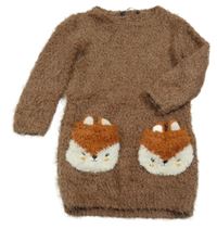 Hnedé trblietavé chlpaté svetrové šaty s vreckami s liškami George