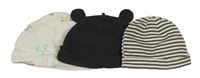 3x bavlněná čepice - antracitová žebrovaná + tmavošedo-bílá pruhovaná + bílá s obrázky