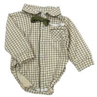 Béžovo-čierne kockované košeľové body s motýlkom