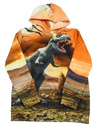 Oranžovo-hnedá mikina s dinosaurom a kapucňou