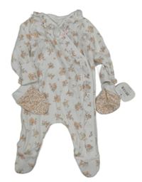 Nové - 2 set - bílý květovaný overal + bavlněné rukavice Nutmeg