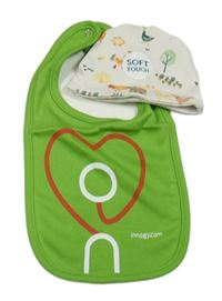 2 set - zelený bryndák s potiskem + smetanová čepice se slepicemi 