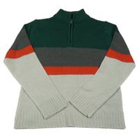 Tmavozeleno-sivo-červený sveter