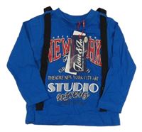 Nové - modré triko s nápisy a kšandami 