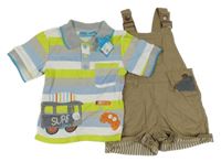 Nové - 2 set - zeleno-bielo-modré pruhované polo tričko s autem + hnedé plátenné na traké kraťasy