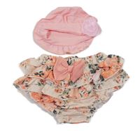 2 set - smetanovo-oranžové květované vrstvené kraťasy s mašlí + čepice s 3D květem 