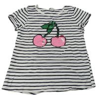 Bílo-tmavomodré pruhované tričko s třešněmi H&M