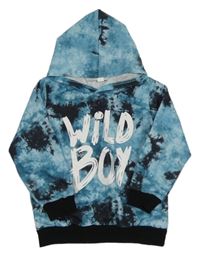 Čierno-petrolejová batikovaná mikina s nápisom a kapucňou