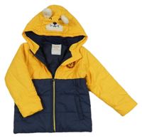 Žlto-tmavomodrá šušťáková zimná bunda s s levíkom  a kapucňou