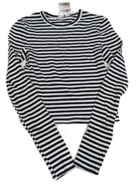 Nové - Čierne rebrované pruhované crop tričko H&M