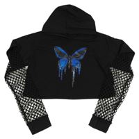 Černé crop triko s perforovanými rukávy a motýlkem a kapucí Shein