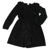 Černý sametový třpytivý kraťasový overal s volánky Tu