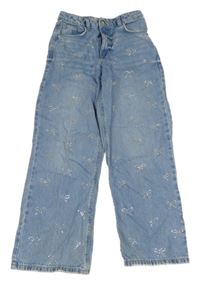 Světlemodré široké rifle s mašličkami z kamínků Denim Co.