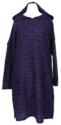 Dámske fialové trblietavé svetrové šaty s kapucňou