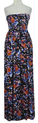 Dámske čierno-modro-oranžové kvetované žabičkové dlhé šaty