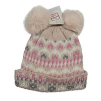 Nové - Bílo-růžová vzorovaná čepice s bambulkami Mothercare