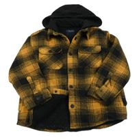 Čierno-žltá kockovaná zateplená košeľová bunda s kapucňou zn. Next