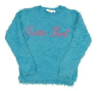 Azurový chlpatý sveter s nápisem z flitrů Kids