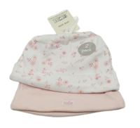 Nové - 2x bavlněná čepice - bílá květovaná + svetloružová