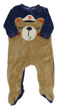 Tmavomodro-béžový plyšový overal s medvídkem 