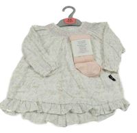 Nové - 2set - Bílé plátěné šaty s kytičkami + růžové punčocháče Dunnes