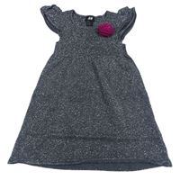 Tmavošedo-strieborné melírované svetrové šaty s květem a voláky H&M
