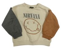 Světlebéžovo-hnedo-tmavosivá oversize mikina so smajlíkom a nápisom