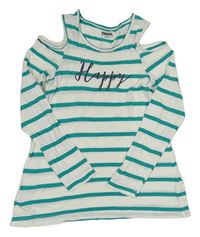 Bielo-jadeitové pruhované tričko s nápisom a volnými rameny zn. YIGGA