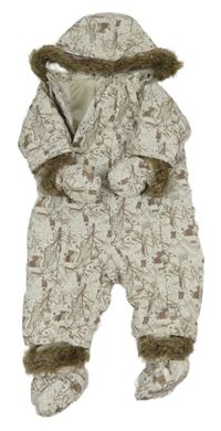 Smetanovo-hnědá šusťáková zimní kombinéza s medvídky+ rukavice a capáčky H&M