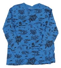 Modré tričko s graffiti nápisy PRIMARK