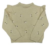 Světlebéžový svetr s kytičkami a volánky BLUE QUEEN